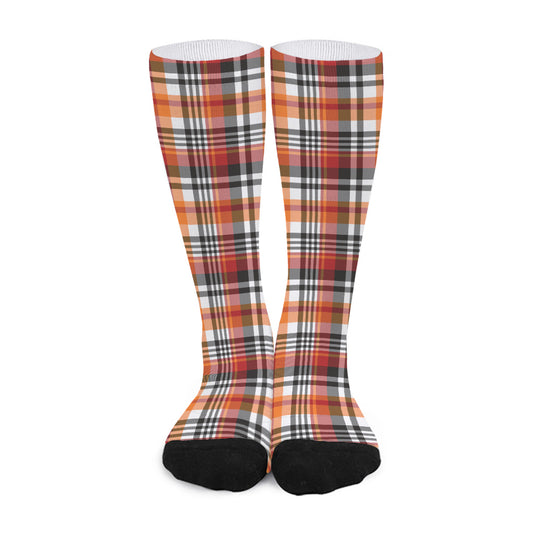 Orange And Black Madras Plaid Print Long Socks