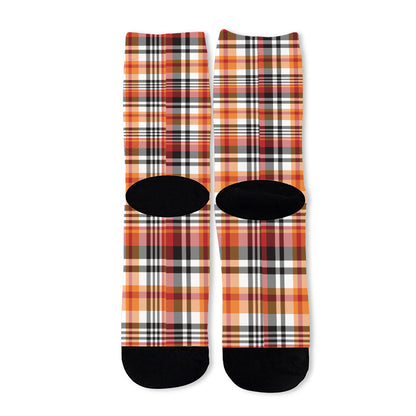 Orange And Black Madras Plaid Print Long Socks