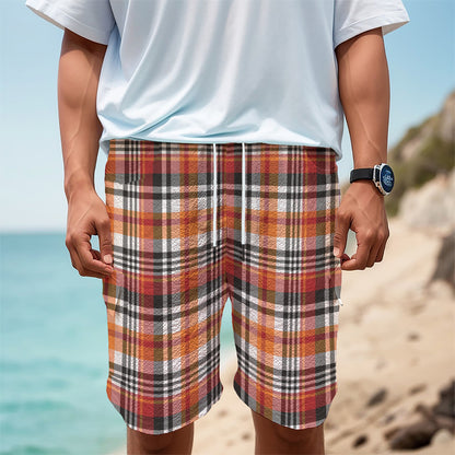 Orange And Black Madras Plaid Print Men's Cargo Shorts