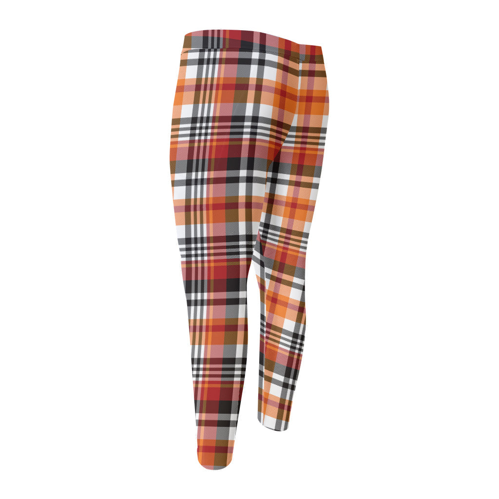 Orange And Black Madras Plaid Print Men's Compression Pants