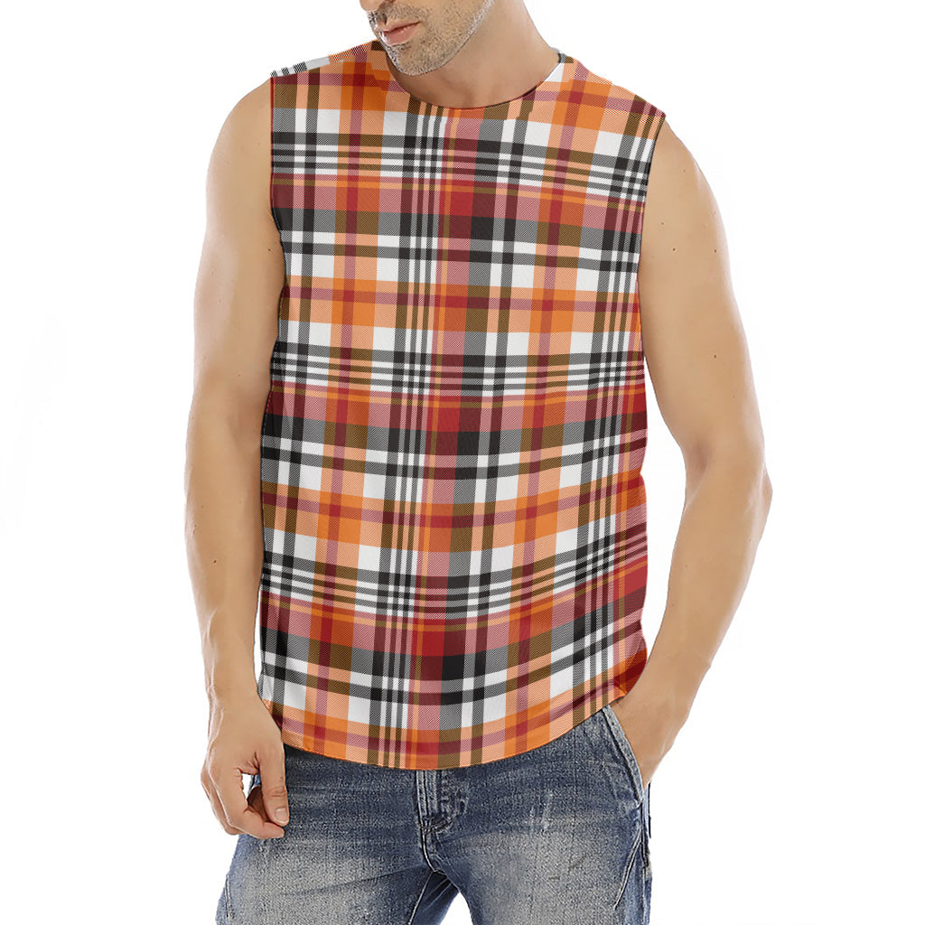 Orange And Black Madras Plaid Print Men's Fitness Tank Top
