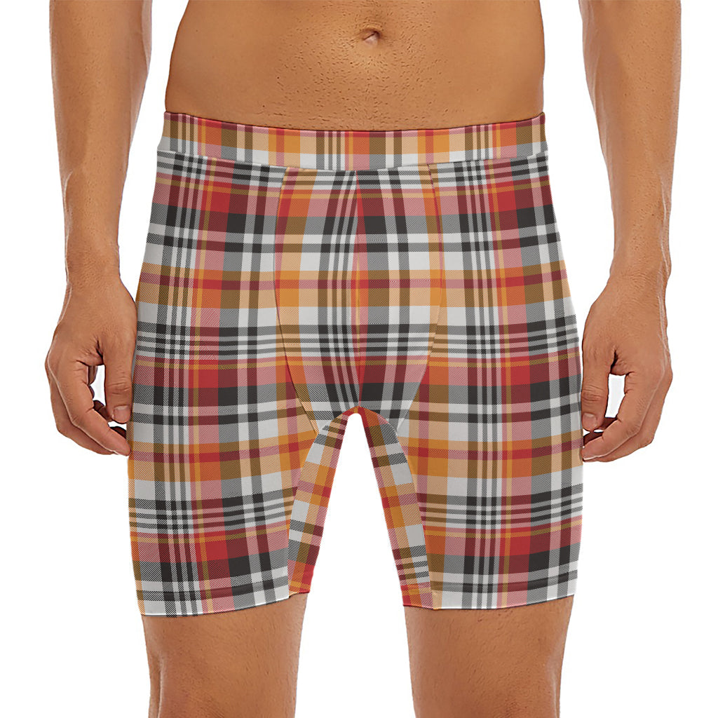 Orange And Black Madras Plaid Print Men's Long Boxer Briefs
