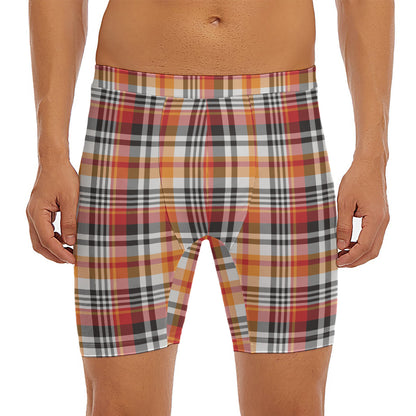 Orange And Black Madras Plaid Print Men's Long Boxer Briefs