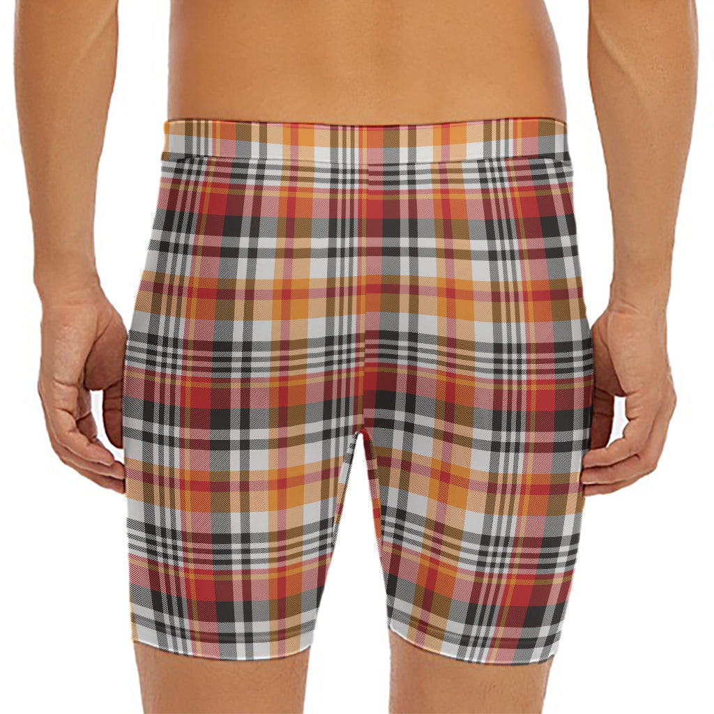 Orange And Black Madras Plaid Print Men's Long Boxer Briefs