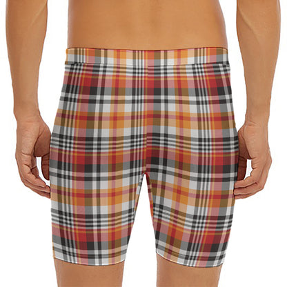Orange And Black Madras Plaid Print Men's Long Boxer Briefs