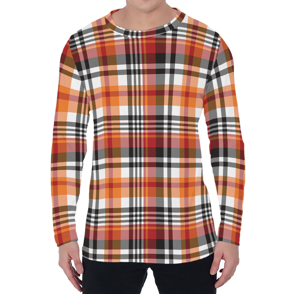 Orange And Black Madras Plaid Print Men's Long Sleeve T-Shirt