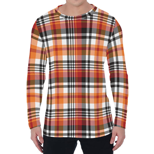 Orange And Black Madras Plaid Print Men's Long Sleeve T-Shirt
