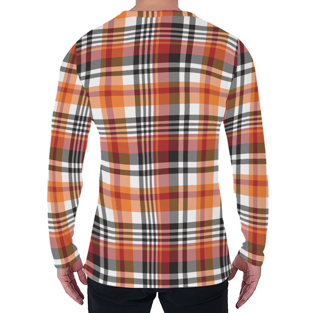 Orange And Black Madras Plaid Print Men's Long Sleeve T-Shirt