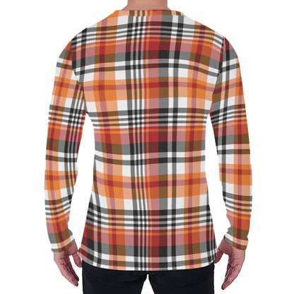 Orange And Black Madras Plaid Print Men's Long Sleeve T-Shirt