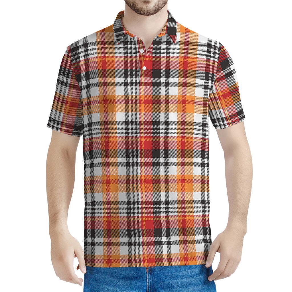 Orange And Black Madras Plaid Print Men's Polo Shirt
