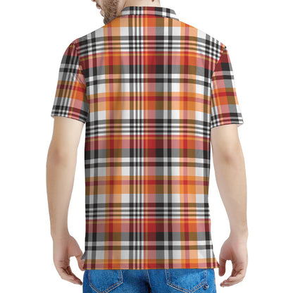 Orange And Black Madras Plaid Print Men's Polo Shirt