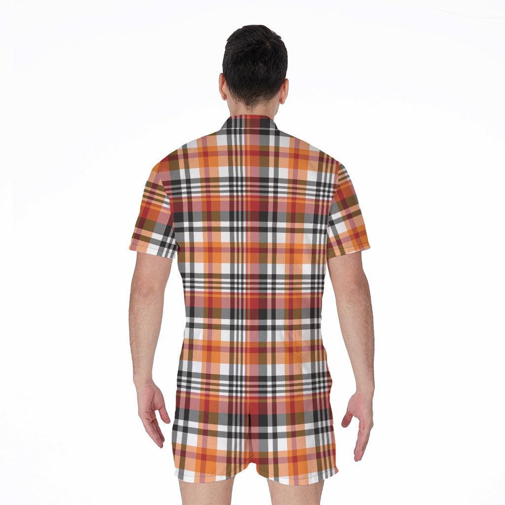 Orange And Black Madras Plaid Print Men's Rompers