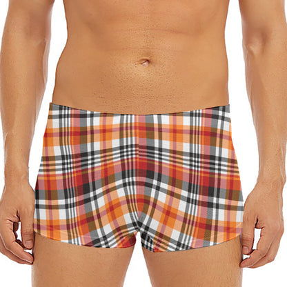Orange And Black Madras Plaid Print Men's Short Boxer Briefs