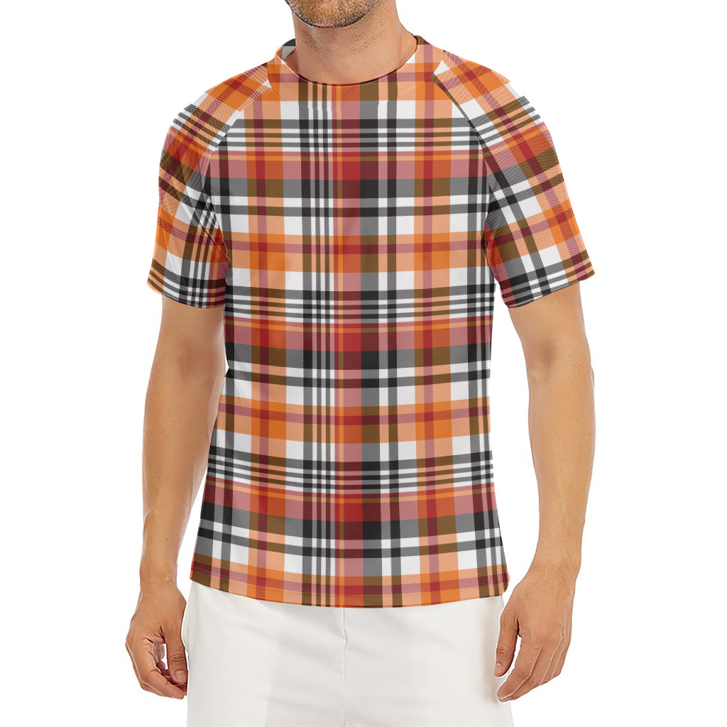 Orange And Black Madras Plaid Print Men's Short Sleeve Rash Guard