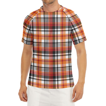 Orange And Black Madras Plaid Print Men's Short Sleeve Rash Guard