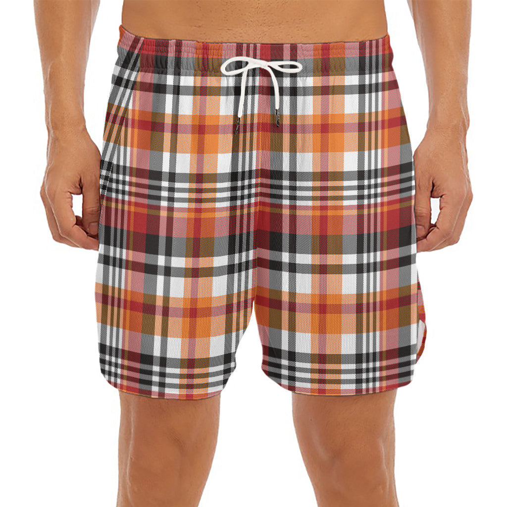 Orange And Black Madras Plaid Print Men's Split Running Shorts
