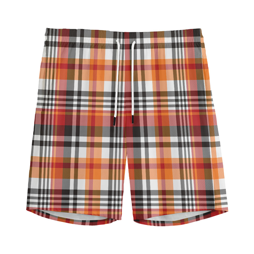Orange And Black Madras Plaid Print Men's Sports Shorts