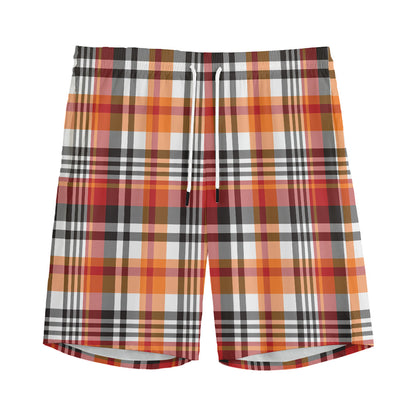 Orange And Black Madras Plaid Print Men's Sports Shorts