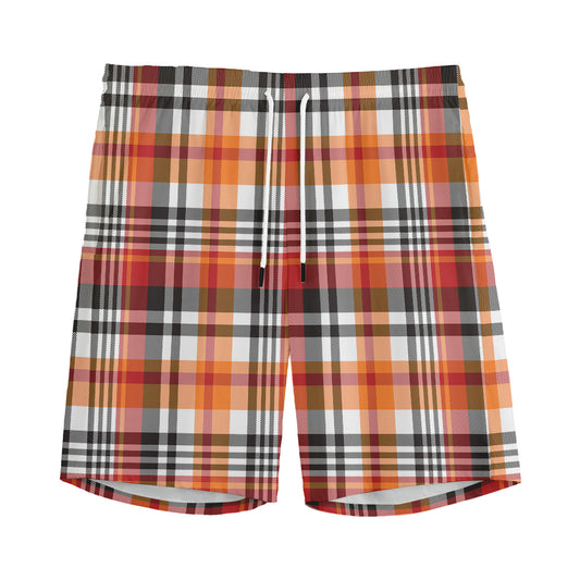 Orange And Black Madras Plaid Print Men's Sports Shorts