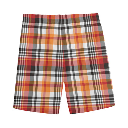 Orange And Black Madras Plaid Print Men's Sports Shorts