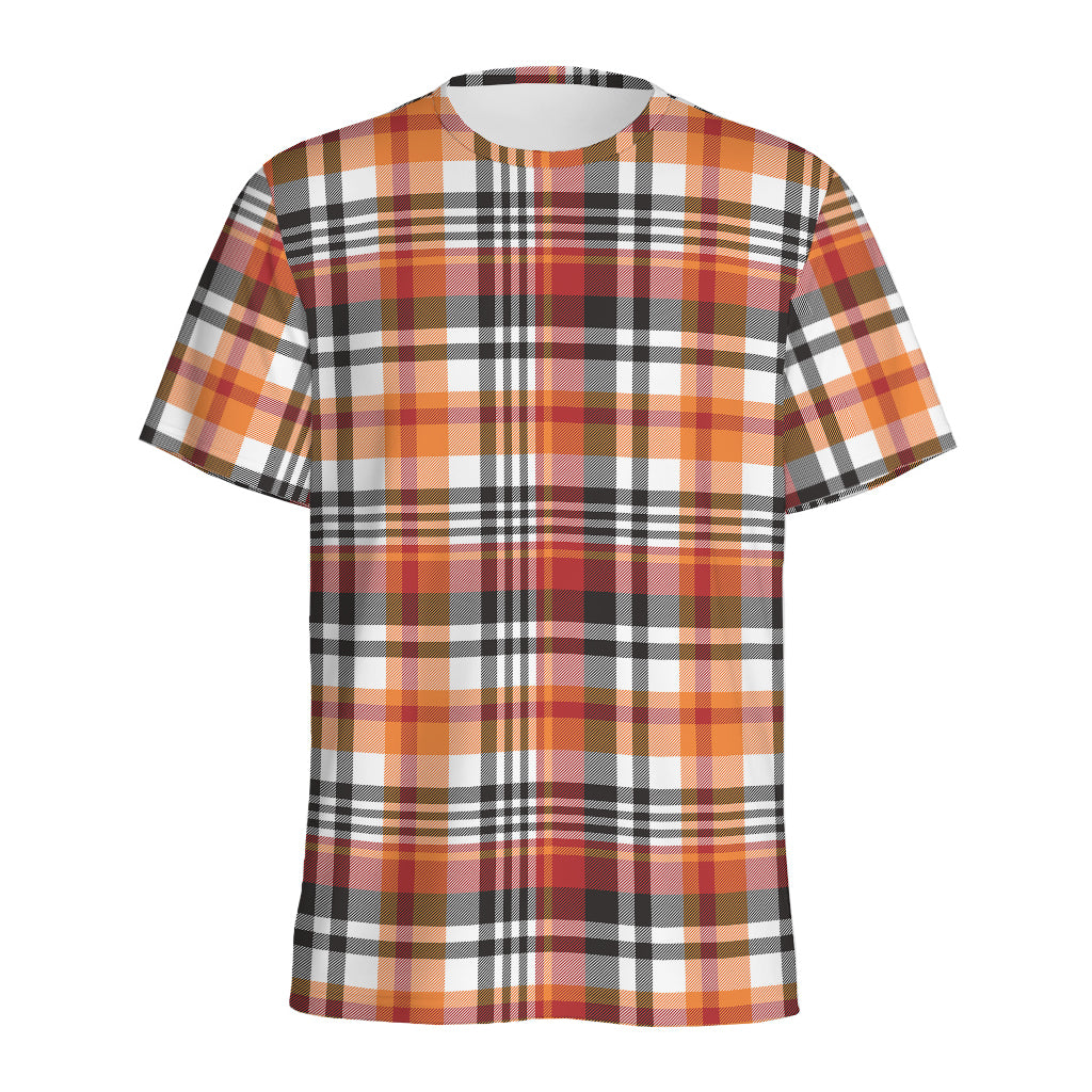 Orange And Black Madras Plaid Print Men's Sports T-Shirt