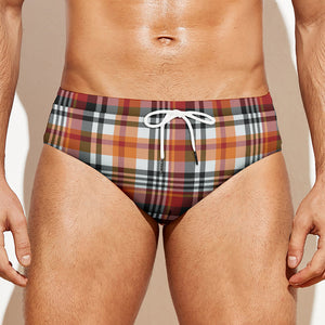 Orange And Black Madras Plaid Print Men's Swim Briefs