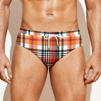 Orange And Black Madras Plaid Print Men's Swim Briefs