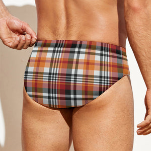 Orange And Black Madras Plaid Print Men's Swim Briefs