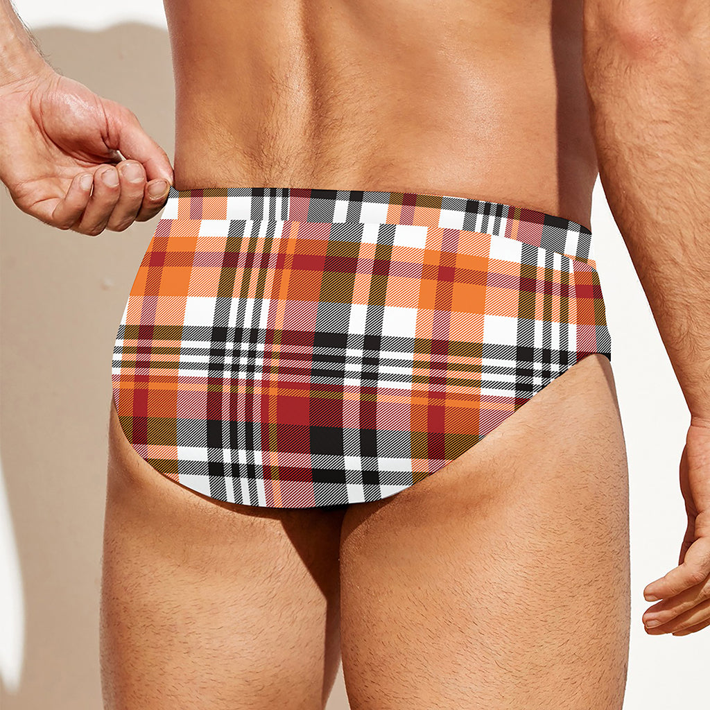 Orange And Black Madras Plaid Print Men's Swim Briefs