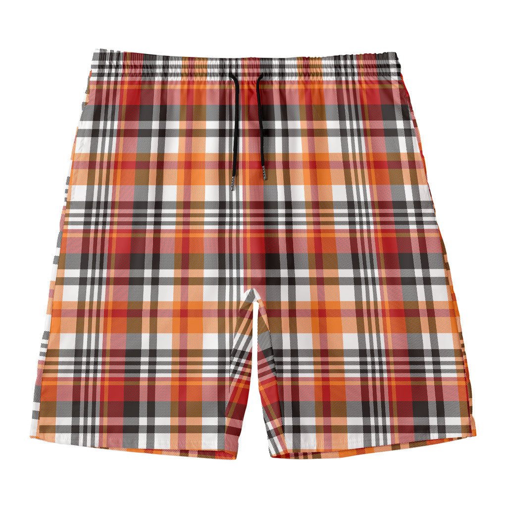 Orange And Black Madras Plaid Print Men's Swim Trunks