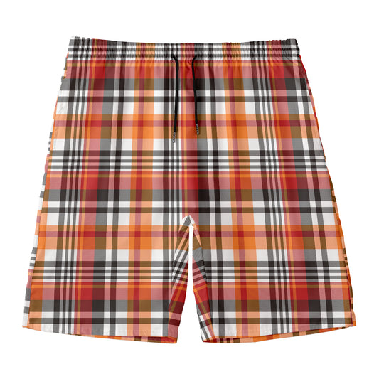 Orange And Black Madras Plaid Print Men's Swim Trunks