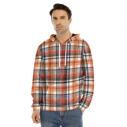 Orange And Black Madras Plaid Print Men's Velvet Pullover Hoodie