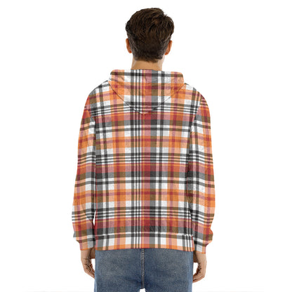 Orange And Black Madras Plaid Print Men's Velvet Pullover Hoodie