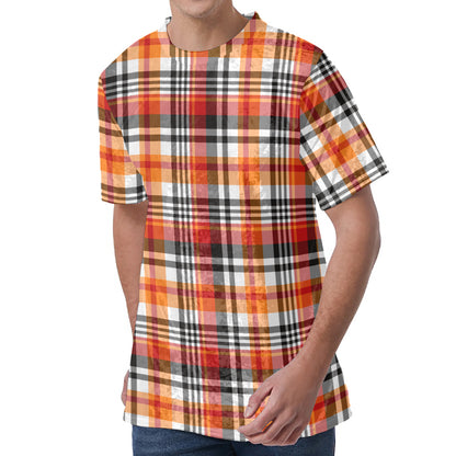 Orange And Black Madras Plaid Print Men's Velvet T-Shirt