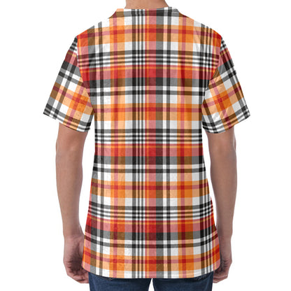 Orange And Black Madras Plaid Print Men's Velvet T-Shirt