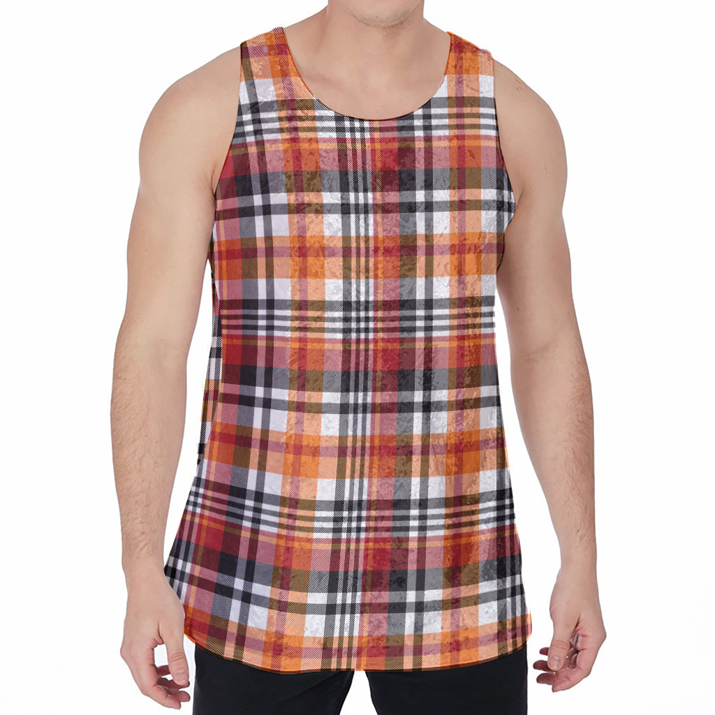 Orange And Black Madras Plaid Print Men's Velvet Tank Top