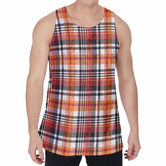 Orange And Black Madras Plaid Print Men's Velvet Tank Top