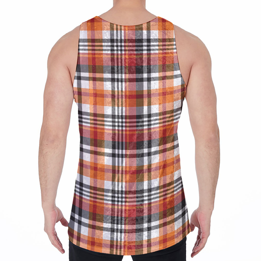 Orange And Black Madras Plaid Print Men's Velvet Tank Top
