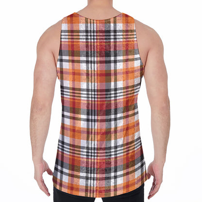 Orange And Black Madras Plaid Print Men's Velvet Tank Top
