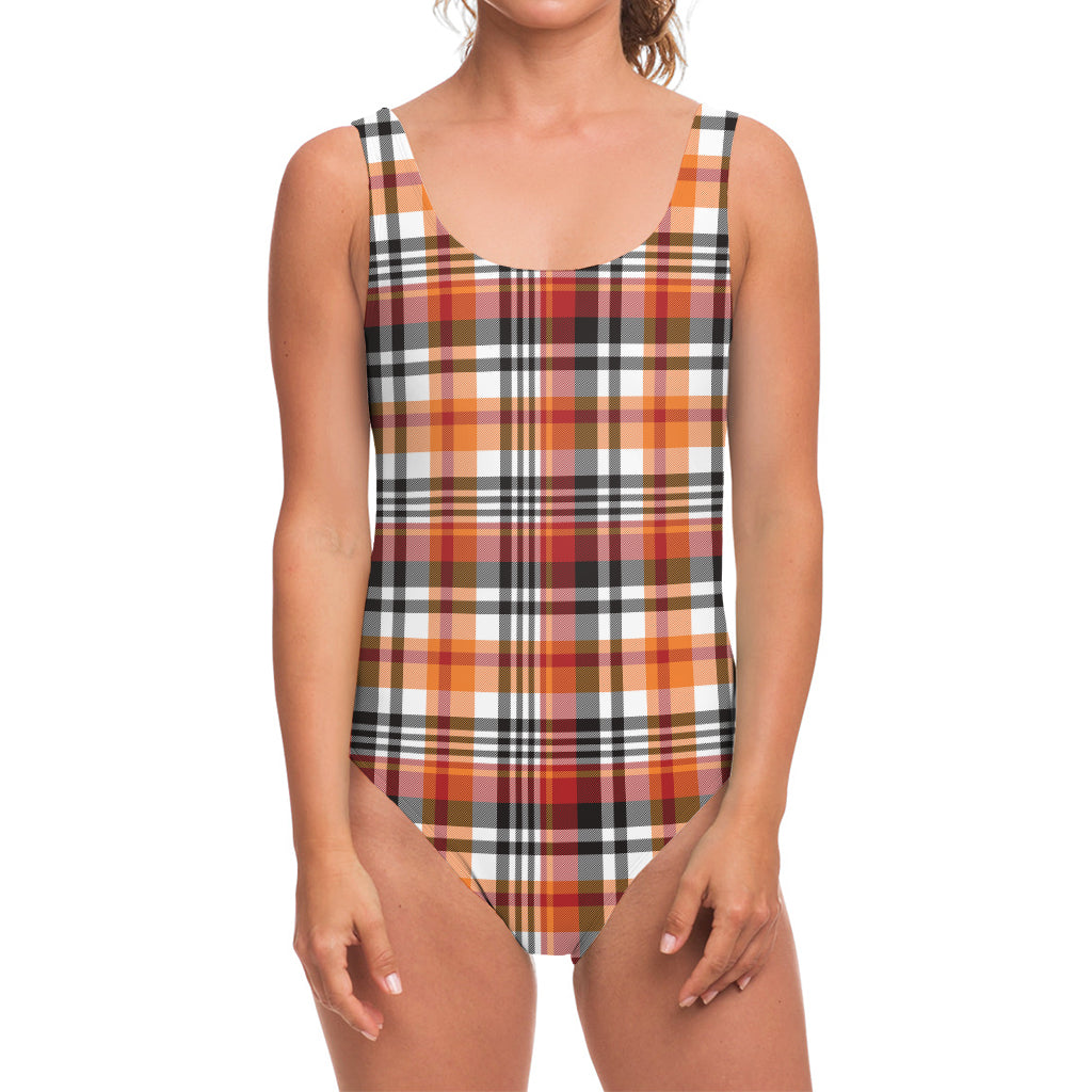 Orange And Black Madras Plaid Print One Piece Swimsuit