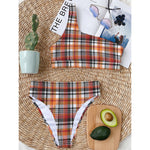 Orange And Black Madras Plaid Print One Shoulder Bikini Top