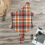 Orange And Black Madras Plaid Print One Shoulder Bodysuit