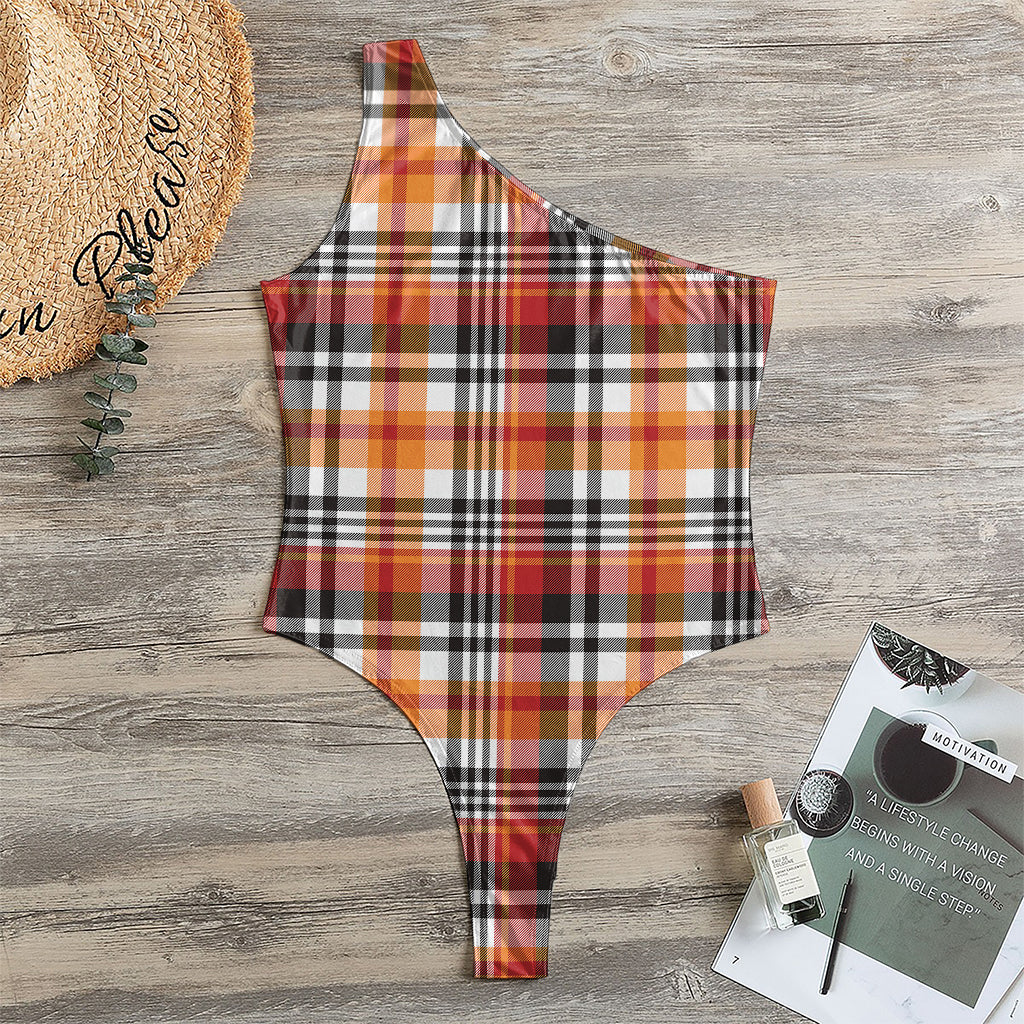Orange And Black Madras Plaid Print One Shoulder Bodysuit