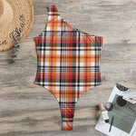 Orange And Black Madras Plaid Print One Shoulder Bodysuit