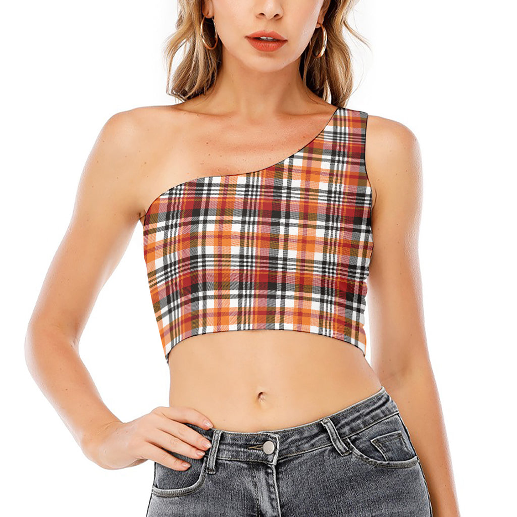 Orange And Black Madras Plaid Print One Shoulder Crop Top