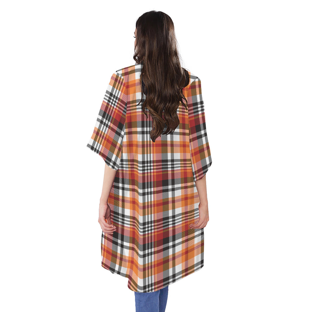 Orange And Black Madras Plaid Print Open Front Beach Cover Up