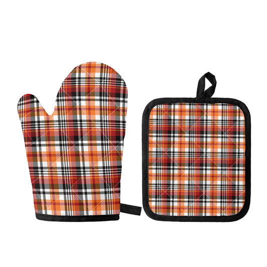 Orange And Black Madras Plaid Print Oven Mitt And Pot Holder Set