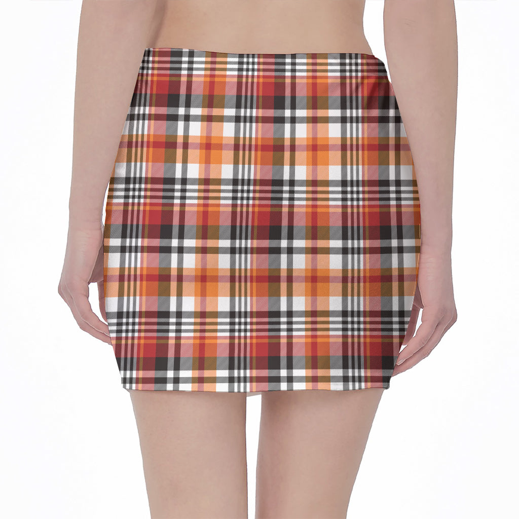 Orange And Black Madras Plaid Print Pencil Mini Skirt