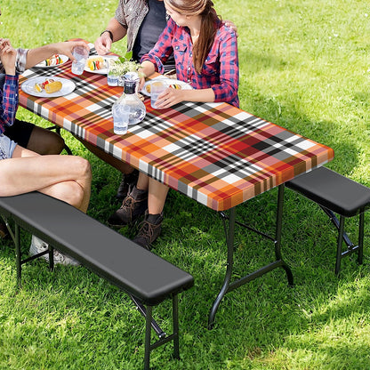 Orange And Black Madras Plaid Print Picnic Table Cover
