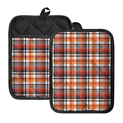 Orange And Black Madras Plaid Print Pot Holders With Pocket